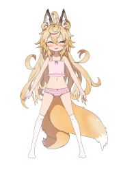  1girl :p absurdres ahoge animal_ear_fluff animal_ears blonde_hair blush camisole closed_eyes fox_ears fox_girl fox_tail full_body gluteal_fold highres kazekiri legs_apart loli long_hair messy_hair multiple_tails navel no_shoes original panties pink_camisole smile solo standing stomach striped_clothes striped_panties tail thighhighs thighs tongue tongue_out underwear underwear_only white_thighhighs 