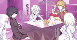 2boys 3girls accelerator_(toaru_majutsu_no_index) albino beret black_hair blonde_hair blouse blue_eyes blush cat child choker closed_eyes dress food fremea_seivelun green_eyes habit haimura_kiyotaka hamazura_shiage hat highres index_(toaru_majutsu_no_index) kamijou_touma kotatsu leivinia_birdway long_hair multiple_boys multiple_girls non-web_source nun official_art red_eyes safety_pin school_uniform shirt short_hair silver_hair smile spiked_hair striped_clothes striped_shirt table toaru_majutsu_no_index toaru_majutsu_no_index:_new_testament translated rating:General score:9 user:danbooru