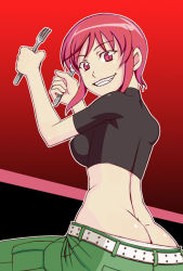 00s 1girl ass babydoll_t-shirt belt butt_crack cargo_pants caryo crop_top fang female_focus fork kaibutsu_oujo knife lowleg lowleg_pants midriff nanashino panties pants panty_slip pink_eyes pink_hair red_eyes red_hair riza_wildman short_hair sitting smile solo underwear rating:Questionable score:28 user:danbooru