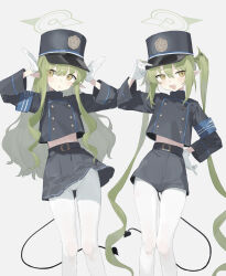 2girls black_hat black_jacket black_shorts black_skirt black_tail blue_archive blush buttons demon_tail double-breasted fang gloves green_hair green_halo halo hat hikari_(blue_archive) nozomi_(blue_archive) highres jacket long_hair long_sleeves multiple_girls pantyhose parted_lips peaked_cap pleated_skirt pointy_ears sh_(shinh) shorts sidelocks simple_background skin_fang skirt smile tail twintails white_background white_gloves white_pantyhose yellow_eyes rating:Sensitive score:34 user:danbooru