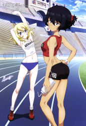  2girls absurdres andou_(girls_und_panzer) armpits arms_up ass back bc_freedom_(emblem) black_hair black_shorts bleachers blonde_hair blue_buruma blue_eyes blue_sky bottle breasts brown_hair buruma cloud dark-skinned_female dark_skin day emblem girls_und_panzer grass gym_uniform hair_between_eyes hair_ornament hair_scrunchie halterneck hand_on_own_hip highres holding holding_bottle looking_at_viewer megami_magazine multiple_girls navel official_art oshida_(girls_und_panzer) outdoors railing red_footwear red_shirt scan scrunchie shirt shorts sky small_breasts smile stairs standing stretching track_and_field wang_guo_nian white_shirt  rating:Sensitive score:90 user:danbooru