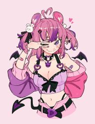  1girl absurdres ahoge bare_shoulders blush breasts cleavage collarbone commentary commission cropped_legs demon_girl demon_tail demon_wings detached_wings doodlelotl english_commentary eyelashes fang hair_ornament heart heart_ahoge heart_hair_ornament highres indie_virtual_youtuber ironmouse long_hair looking_at_viewer medium_breasts multicolored_hair navel off_shoulder one_eye_closed pink_background pink_hair pointy_ears purple_eyes purple_hair skin_fang smile solo streaked_hair tail two_side_up upper_body v v_over_eye virtual_youtuber wings 