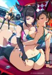  3girls adapted_costume alternate_costume ass ass_focus back bare_shoulders black_hair blush bmw bracelet breast_press breasts brown_eyes brown_hair cammy_stretch_(meme) cammy_white capcom chun-li english_text felox08 han_juri hand_in_another&#039;s_panties highres jewelry large_breasts long_hair looking_at_viewer meme multiple_girls muscular muscular_female outdoors patreon_logo patreon_username purple_eyes race_queen short_hair sitting speech_bubble spiked_bracelet spikes street_fighter street_fighter_iv_(series) street_fighter_v symmetrical_docking thick_thighs thighs yuri 