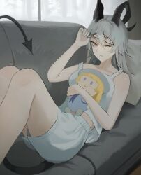  1girl absurdres alternate_costume black_horns black_tail breasts character_doll couch curled_horns demon_tail doll eye_mask grey_eyes grey_hair hair_between_eyes haruhachiya highres horns indoors large_breasts long_hair looking_at_viewer mask_lift multicolored_eyes objectification on_couch one_eye_closed parted_lips phoebe_(wuthering_waves) red_eyes shorts sitting_sideways solo tail tank_top two-tone_eyes white_shorts white_tank_top wuthering_waves zani_(wuthering_waves) 