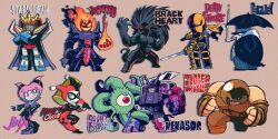  batman_(series) blackheart_(marvel) blue_eyes character_name crossover dc_comics deathstroke decepticon dormammu dual_wielding english_text engrish_text flaming_head from_behind full_body grin hair_horns hands_in_pockets harley_quinn harley_quinn_(classic) hat highres holding holding_mallet holding_sword holding_weapon jinx_(dc) juggernaut_(x-men) looking_back mallet marvel menasor muscular muscular_male no_pupils one_eye_closed pink_eyes pink_hair ranguage rariatto_(ganguri) red_eyes robot shuma_gorath simple_background smile smoking solid_eyes standing starscream superhero_costume sword the_penguin transformers umbrella weapon 