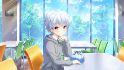  1girl :o card_(medium) chair character_name day girlfriend_(kari) green_neckwear green_skirt hand_under_chin hood hood_down hoodie indoors kimijima_satoru looking_at_viewer necktie official_art purple_eyes qp:flapper school school_uniform shirt short_hair sitting skirt table tagme white_hair white_shirt window 