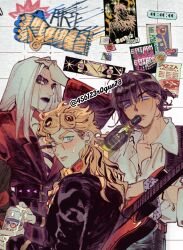  3boys 456123r0gue78 aqua_eyes black_hair black_lips blonde_hair blush bruno_bucciarati collared_shirt electric_guitar giorno_giovanna glass_bottle guitar highres instrument jojo_no_kimyou_na_bouken leone_abbacchio long_hair looking_at_viewer multiple_boys shirt white_hair white_shirt yellow_eyes 