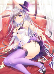  1girl animal_ears bare_shoulders bra breasts card clothes_lift clothing_cutout commentary_request couch covered_erect_nipples dress grey_hair hat high_heels highres holding holding_card impossible_clothes indoors large_breasts light_blush long_hair looking_at_viewer lying magician on_couch on_side original outstretched_arm panties purple_bra purple_dress purple_thighhighs rabbit_ears reclining skirt skirt_lift solo stomach_cutout string_panties tatekawa_mako thighhighs top_hat underwear very_long_hair window 