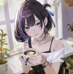  1girl black_hair black_nails black_overalls blue_hair blue_ribbon blurry cappuccino closed_mouth commentary cup depth_of_field dhbwinner earrings hair_ribbon highres holding holding_cup indie_virtual_youtuber indoors jewelry looking_at_viewer multicolored_hair nail_polish necklace off-shoulder_shirt off_shoulder one_side_up overalls purple_eyes ribbon shirt short_hair smile solo streaked_hair symbol-only_commentary t-shirt virtual_youtuber white_shirt yubari_rei 