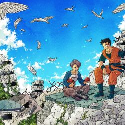  2boys apple belt bird black_belt black_boots black_hair black_shirt blue_sky blue_sleeves boots closed_mouth dragon_ball falling_feathers feathers food fruit full_body grey_hair grey_pants highres holding holding_food holding_fruit indian_style looking_at_another male_focus multiple_boys open_mouth orange_dougi outdoors pants parted_bangs rubble ruins scar scar_across_eye scar_on_face shirt sitting sky smile son_gohan_(future) toriga trunks_(dragon_ball) trunks_(future)_(dragon_ball) two-tone_shirt white_feathers 