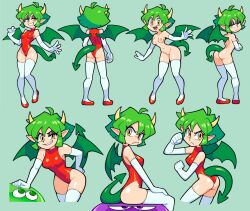  1girl blush breasts cleft_of_venus commentary covering_privates draco_centauros dragon_girl dragon_horns dragon_tail dragon_wings elbow_gloves english_commentary fang gloves green_hair green_tail green_wings highres horns leotard looking_at_viewer madou_monogatari medium_breasts multiple_views navel_poke nipples nude open_mouth pointy_ears pussy puyopuyo red_leotard shenanimation short_hair sitting_on_animal smile smug tail toon_(style) white_gloves wings yellow_eyes yellow_horns 