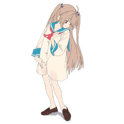  1girl absurdres atri atri-my_dear_moments- brown_eyes full_body grey_hair highres loafers long_hair looking_down neckerchief red_neckerchief shirt shoes simple_background sketch solo syasyajin two_side_up white_background 