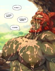  1boy absurdres alternate_pectoral_size armpit_hair armpit_hair_peek bara beard blush chest_hair colored_skin commentary cum cum_on_body cum_on_male cum_on_pectorals ear_piercing english_commentary english_text facial facial_hair ganondorf ghangaji green_skin highres huge_pectorals large_areolae long_hair male_focus mature_male muscular muscular_male nintendo nipples pectorals piercing puffy_chest red_hair solo speech_bubble sweat the_legend_of_zelda the_legend_of_zelda:_tears_of_the_kingdom tongue tongue_out variant_set veins 