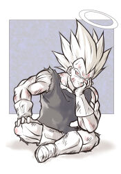  1boy absurdres battle_damage blonde_hair bodysuit boots dragon_ball dragonball_z full_body gloves halo highres kanaetecho majin_vegeta male_focus red_eyes sitting solo super_saiyan super_saiyan_2 vegeta white_boots white_gloves 
