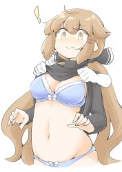  1girl akara_kai black_shirt blue_bra blue_panties blush bow bra brown_eyes brown_hair clothes_lift disembodied_hand forced_exposure hair_bow hair_ornament highres kantai_collection long_hair low_twintails navel no_pants panties shirt shirt_lift solo tashkent_(kancolle) twintails underwear upper_body white_background 