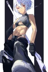 1girl absurdres groin gun highres kuukyokurui navel nier_(series) noelle_(nier) pants rifle short_hair sniper_rifle tagme weapon white_hair