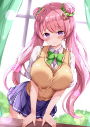  1girl :t backlighting blue_skirt blush breasts checkerboard_cookie_hair_ornament closed_mouth collared_shirt commentary_request cookie_hair_ornament curtains day double_bun food-themed_hair_ornament hair_bun hair_ornament highres indoors large_breasts long_hair looking_at_viewer original pink_hair pleated_skirt pout purple_eyes school_uniform shirt short_sleeves skirt solo standing sunlight sweater_vest table twintails very_long_hair white_shirt window xenon_(for_achieve) 