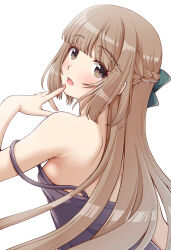  back black_dress blunt_bangs blush bow braid brown_eyes brown_hair commentary_request dress from_behind hair_bow half_up_braid hand_to_own_mouth highres idolmaster idolmaster_cinderella_girls idolmaster_cinderella_girls_starlight_stage kaishinshi long_hair looking_at_viewer looking_back off_shoulder open_mouth simple_background sleeveless sleeveless_dress straight_hair upper_body white_background yorita_yoshino 