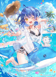  1girl ;d amamiya_kokoro amamiya_kokoro_(7th_costume) barefoot beach_chair beach_umbrella bikini blue_bikini blue_hair blue_sky blush box cloud collarbone commentary_request confetti copyright_notice fang flower frilled_bikini frills gift gift_box hair_intakes hair_ornament hairclip holding holding_water_gun neko_(amamiya_kokoro) nijisanji official_alternate_costume official_alternate_hairstyle official_art one_eye_closed open_mouth purple_flower sakura_shiori sample_watermark shirt sky smile solo squirting_liquid swimsuit two_side_up umbrella water water_gun water_slide watermark white_flower white_shirt x_hair_ornament yellow_eyes 