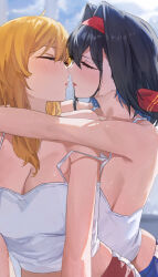  2girls absurdres arms_around_neck bare_arms bare_shoulders black_hair blonde_hair blue_shorts blush breasts camisole cleavage closed_eyes commentary hair_intakes hairband highres hololive hololive_english hololive_indonesia imminent_kiss kaela_kovalskia large_breasts long_hair multiple_girls ouro_kronii parted_lips red_hairband red_shorts shorts strap_slip virtual_youtuber white_camisole yoellim5 yuri 