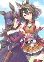  2girls ;) absurdres ahoge animal_ears asymmetrical_bangs back_bow bare_shoulders black_bow black_choker black_hair black_sleeves black_thighhighs blue_dress blue_flower blue_hat blue_rose bow breasts chanchanko_(clothes) choker cleavage_cutout clothing_cutout collarbone dagger detached_sleeves dress fingerless_gloves flipped_hair flower fur_choker gloves hair_ornament hair_over_one_eye hand_on_another&#039;s_shoulder hat hat_flower height_difference highres holding_hands index_fingers_raised japanese_clothes kitasan_black_(umamusume) knife large_bow long_bangs long_hair looking_at_viewer medium_breasts miniskirt multiple_girls off-shoulder_dress off_shoulder one_eye_closed pleated_skirt purple_eyes raglan_sleeves raised_inner_eyebrows red_eyes red_sleeves rice_shower_(umamusume) rose scabbard sheath sheathed shiraragi shirt skirt smile tassel tassel_hair_ornament thighhighs tilted_headwear two_side_up umamusume weapon yellow_gloves yellow_shirt yellow_skirt 