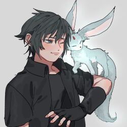  1boy black_hair black_shirt blush carbuncle_(final_fantasy) closed_eyes creature creature_on_shoulder final_fantasy final_fantasy_xv fingerless_gloves gloves highres holding horns lalalalife15 male_focus noctis_lucis_caelum nuzzle on_shoulder one_eye_closed shirt short_hair single_horn smile tail 