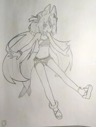  1girl animal_ears belly blonde_hair breasts buoy cat_ears fins fish_girl fish_tail graphite_(medium) greyscale highres indie_virtual_youtuber lifebuoy_anklet lifebuoy_hair_ornament loli long_hair low_twintails monochrome navel open_mouth paper_boat pencil photo_(medium) sameko_saba self-upload sergent_magnom short_shorts shorts sketch sleeveless small_breasts smile solo swimsuit tail traditional_media twintails virtual_youtuber 