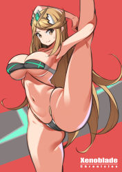 1girl :o absurdres armpits bikini black_bikini blonde_hair breasts cleavage fish_bread gluteal_fold groin highres large_breasts legs looking_at_viewer multicolored_bikini multicolored_swimsuit mythra_(xenoblade) navel nintendo pussy shiny_skin short_hair solo split standing standing_on_one_leg standing_split super_smash_bros. swimsuit thong view_between_legs xenoblade_chronicles_(series) xenoblade_chronicles_2 yellow_eyes  rating:Explicit score:56 user:HockeyKamen