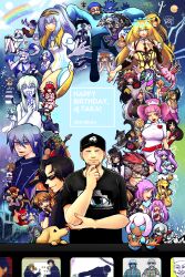  absurdres bemani black_hair blonde_hair blue_hair breasts brown_hair candy character_request commentary_request copyright_request dj_taka_(bemani) dog facial_hair fingerless_gloves flower food gloves green_hair grey_hair guitar hair_between_eyes hair_flower hair_ornament hair_over_one_eye happy_birthday hat highres holding holding_candy holding_food holding_lollipop holding_record instrument lollipop milk_(pop&#039;n_music) multiple_boys multiple_girls mzd one_eye_closed pink_hair pop&#039;n_music purple_hair rainbow red_hair sunglasses swirl_lollipop t_phthal_you tran_(beatmania) 