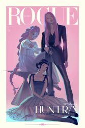  3girls black_hair black_jacket black_pants black_shoes braid braided_ponytail chuwenjie commentary cover double_bun dress earrings fake_magazine_cover full_body group_name hair_bun hanbok highres jacket jewelry korean_clothes kpop_demon_hunters long_hair magazine_cover mira_(kpop_demon_hunters) multiple_girls pants pink_background pink_hair rumi_(kpop_demon_hunters) shoes short_bangs sidelocks sitting zoey_(kpop_demon_hunters) 