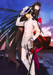  1boy 1girl arms_behind_back beach black_eyes black_hair black_scarf black_serafuku black_shirt black_skirt blue_ribbon blunt_bangs blunt_ends buttons closed_mouth expressionless fate/grand_order fate_(series) fedora feet_out_of_frame floating floating_hair gloves gun hand_in_pocket hand_on_headwear handgun hat hat_ribbon high_collar holstered jacket katana long_hair long_skirt long_sleeves looking_at_viewer low_ponytail male_focus midair military_jacket neckerchief no_shoes official_art oryou_(fate) own_hands_together pako_(pakosun) pants pantyhose pink_eyes pink_neckerchief pink_pantyhose pleated_skirt ponytail print_scarf ribbon sakamoto_ryouma_(fate) scarf school_uniform serafuku sheath sheathed shirt shoulder_boards skirt snake_print sword third-party_source very_long_hair weapon white_gloves white_hat white_jacket white_pants 