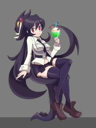  1girl asatsuki_(fgfff) black_hair black_necktie black_skirt black_thighhighs brown_shoes cherry closed_mouth collared_shirt cup drinking_glass drinking_straw filia_(skullgirls) food fruit grey_background hair_between_eyes highres ice_cream ice_cream_float long_hair long_sleeves looking_at_viewer miniskirt navel necktie prehensile_hair red_eyes samson_(skullgirls) shirt shoes sitting sitting_on_hair skirt skullgirls smile thighhighs unworn_shoe very_long_hair white_shirt 