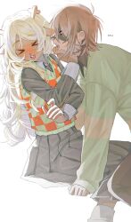  &gt;_&lt; 1girl 1other 673_q androgynous animal_ears antlers black_shirt black_skirt blonde_hair blush brown_hair brown_pants buck_teeth checkered_clothes checkered_sweater_vest checkered_vest deer_antlers deer_ears deer_girl deer_tail deltarune embarrassed fangs furry furry_female green_sweater hand_on_another&#039;s_face hashtag-only_commentary highres horns kris_(deltarune) leaning_forward long_hair muted_color noelle_holiday open_mouth other_with_female pants red_eyes red_nose reindeer_girl shaded_face shirt short_hair simple_background skirt smile socks striped_clothes striped_sweater sweater tail teeth twitter_username two-tone_sweater_vest vest white_background 