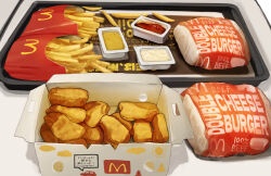  absurdres burger chicken_nuggets food food_focus french_fries highres kaneko_ryou ketchup mcdonald&#039;s no_humans sauce still_life tray 