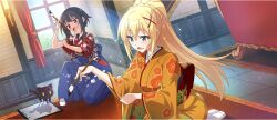  2girls :d black_cat blonde_hair blue_eyes blue_hakama blush braid brick_wall brown_hair calligraphy_brush candlestand cat chomusuke couch crown_braid darkness_(konosuba) day dutch_angle floral_print floral_print_kimono game_cg hair_ornament hakama high_ponytail highres holding holding_calligraphy_brush holding_paintbrush indoors japanese_clothes kimono kono_subarashii_sekai_ni_shukufuku_wo! konosuba!_fantastic_days lens_flare long_hair megumin multiple_girls obi official_art on_one_knee open_mouth orange_kimono paintbrush ponytail print_kimono red_eyes red_kimono rug sash seiza short_hair_with_long_locks sidelocks sitting smile socks sparkle sunlight third-party_source tile_floor tiles white_socks window x_hair_ornament 