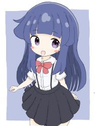 1girl :d absurdres black_skirt blue_background blue_hair blush_stickers bow collared_shirt commentary_request dress_shirt furude_rika highres higurashi_no_naku_koro_ni long_hair looking_at_viewer open_mouth pleated_skirt purple_eyes red_bow rururu_(pyrk8855) shirt skirt smile solo suspender_skirt suspenders two-tone_background very_long_hair white_background white_shirt rating:General score:5 user:danbooru