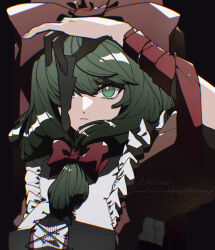  1girl a-li black_background bow front_ponytail green_eyes green_hair highres holding kagiyama_hina looking_at_viewer puffy_short_sleeves puffy_sleeves red_bow red_ribbon ribbon short_sleeves solo touhou upper_body 