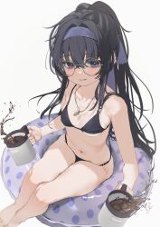  1girl absurdres bare_shoulders bikini black_bikini black_hair blue_archive breasts coffee collarbone cup glasses hair_between_eyes hair_intakes highres holding holding_cup jewelry long_hair looking_at_viewer navel necklace official_alternate_costume official_alternate_hairstyle polka_dot ponytail purple_eyes round_eyewear simple_background small_breasts solo stomach swim_ring swimsuit ui_(blue_archive) ui_(swimsuit)_(blue_archive) white_background yoru_uyo 