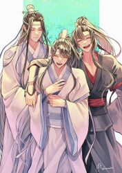  3boys absurdres arm_around_shoulder black_hair black_hanfu blue_sash chinese_clothes closed_eyes closed_mouth collarbone facing_viewer family hair_ribbon hanfu headband high_ponytail highres implied_yaoi lan_sizhui lan_wangji long_hair long_sleeves male_focus modao_zushi multiple_boys open_mouth pectoral_cleavage pectorals ponytail red_ribbon red_sash ribbon robe sash sidelocks signature sleeves_past_wrists smile standing topknot tsubame-shi_(tubame) twitter_username very_long_hair wei_wuxian white_hanfu white_headband wide_sleeves xiao_guan_(headdress) 