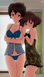  2girls absurdres acrux akiyama_yoshiko akiyama_yukari artist_logo babydoll backlighting blue_babydoll blue_panties blush breasts brown_eyes brown_hair camisole camouflage commentary cowboy_shot curtains dated english_commentary girls_und_panzer green_camisole hand_on_another&#039;s_back highres indoors lace lace_panties large_breasts logo looking_at_viewer mature_female messy_hair mother_and_daughter multiple_girls paid_reward_available panties short_hair smile standing thigh_gap thighs underwear window 