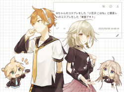  2boys 2girls azusawa_kohane black_sailor_collar black_shirt black_shorts blonde_hair braid cosplay headphones highres ia_(vocaloid) ia_(vocaloid)_(cosplay) kagamine_len kagamine_len_(cosplay) ktori multicolored_hair multiple_boys multiple_girls necktie odaibako orange_hair pink_skirt project_sekai sailor_collar shinonome_akito shirt shorts skirt streaked_hair twin_braids vocaloid w white_shirt yellow_necktie 
