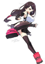 1girl artist_name bare_shoulders black_gloves black_hair black_skirt black_thighhighs boots breasts clenched_hands commentary_request convenient_leg crop_top dated earrings elbow_gloves final_fantasy final_fantasy_vii final_fantasy_vii_remake fingerless_gloves full_body glint gloves highres jewelry large_breasts long_hair low-tied_long_hair midriff open_mouth red_boots red_eyes sakamoto_mitsuki simple_background skirt solo suspender_skirt suspenders tank_top thighhighs tifa_lockhart white_background white_tank_top 