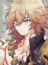  1boy armor black_jacket braid closed_mouth collarbone eating facial_tattoo fork grey_background hair_between_eyes hand_up holding holding_fork honkai:_star_rail honkai_(series) jacket male_focus medium_hair miwawa muscular muscular_male mydei_(honkai:_star_rail) orange_hair pauldrons red_tattoo shoulder_armor single_braid single_pauldron solo tattoo upper_body watermark yellow_eyes 