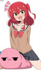  1girl :d artist_name bambi2000line black_skirt blush bocchi_the_rock! bow bowtie gotoh_hitori gotoh_hitori_(tsuchinoko) green_eyes hair_between_eyes highres implied_masturbation jitome kita_ikuyo long_hair looking_at_viewer miniskirt nose_blush notice_lines one_side_up open_mouth pleated_skirt red_bow red_bowtie red_hair school_uniform shuka_high_school_uniform simple_background skirt smile straddling sweat white_background 