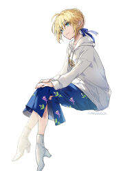  1girl artoria_pendragon_(fate) blonde_hair blue_skirt braid braided_bun carimarica crossed_legs dress fate/grand_order fate/stay_night fate_(series) green_eyes hair_between_eyes hair_bun high_heels highres long_sleeves looking_at_viewer plaid_clothes plaid_skirt ribbon saber_(fate) shirt short_hair simple_background sitting skirt smile solo twitter_username white_background white_shirt 