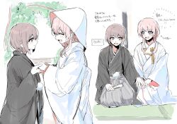  2girls bang_dream! bang_dream!_it&#039;s_mygo!!!!! black_kimono blush chihaya_anon closed_eyes closed_mouth commentary_request fang grey_eyes grey_hair highres holding_hands japanese_clothes kimono long_hair looking_at_another misumi_suki multiple_girls open_mouth pink_eyes pink_hair seiza shiromuku short_hair sitting smile sweatdrop takamatsu_tomori translation_request tree uchikake wataboushi white_kimono wife_and_wife yuri 