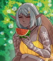  1girl absurdres arm_tattoo bare_shoulders blush closed_eyes commentary dark-skinned_female dark_elf dark_skin dress elf english_commentary food fruit grey_hair hat highres holding holding_food holding_fruit jewelry mawaridi necklace original pointy_ears short_hair shoulder_tattoo sitting sleeveless sleeveless_dress smile solo straw_hat tattoo twitter_username unworn_hat unworn_headwear watermelon watermelon_slice yellow_dress yvonne_(mawaridi) 