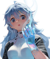 1girl absurdres ahoge black_eyes blue_hair breasts commentary ddal english_commentary hair_between_eyes hand_up highres long_hair original parted_lips shirt short_sleeves simple_background small_breasts smoke solo transparent upper_body very_long_hair white_background white_shirt rating:Sensitive score:8 user:danbooru