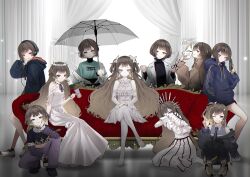  6+girls absurdres alternate_costume anya_melfissa barefoot blonde_hair blunt_bangs bob_cut brown_hair chaise_longue choker circlet coat couch curly_hair curtains drawstring dress fishnets fox_mask frilled_dress frills gun hair_ornament hair_stick hammer handgun headphones highres holding holding_gun holding_hammer holding_mask holding_umbrella holding_weapon hololive hololive_indonesia hood hooded_jacket hoodie jacket leaning_on_object long_dress long_hair long_sleeves looking_at_viewer mask medium_dress multicolored_hair multiple_girls multiple_persona necktie on_couch one_eye_closed pants purple_eyes raikkonen shirt shoes short_hair shorts side_ponytail sitting skirt smile sneakers songover squatting standing streaked_hair transparent transparent_umbrella turtleneck two_side_up umbrella virtual_youtuber weapon wing_collar 