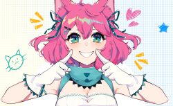 1girl ahoge animal_ear_fluff animal_ears anime_onegai aqua_collar aqua_eyes aqua_ribbon arm_ribbon artist_request breasts cat_ears cleavage cleavage_cutout clothing_cutout fingers_to_cheeks gloves grid_background grin hair_between_eyes hair_ribbon happy heart light_blush looking_at_viewer mascot medium_breasts medium_hair notice_lines nyami_g pink_hair raised_eyebrows ribbon smile solo third-party_source two_side_up upper_body white_gloves 